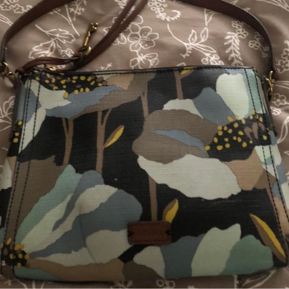 Fossil Crossbody Leather Bag with Floral Blue Print